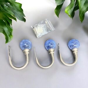 Blue Crackle Glass Globe Curtain Holdback Hooks Brushed Nickel Set of 3